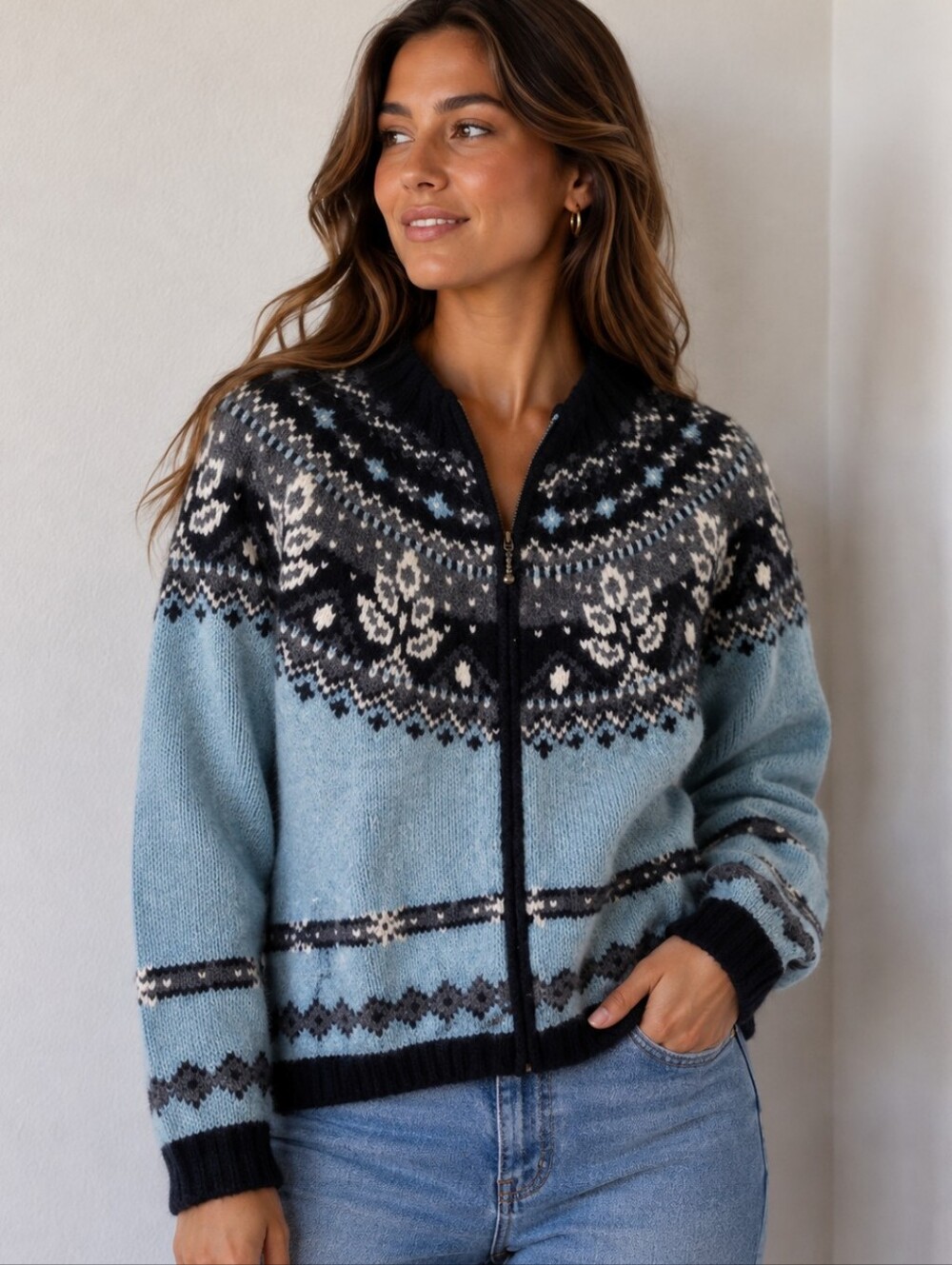 Icelandic Designs | Black and Blue Women’s Full Zip Sweater Rabbit Hair M